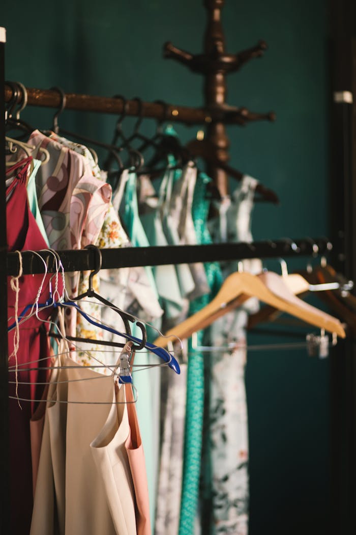 gallery-3 A collection of elegant dresses hanging on a clothes rack in a stylish wardrobe setup.