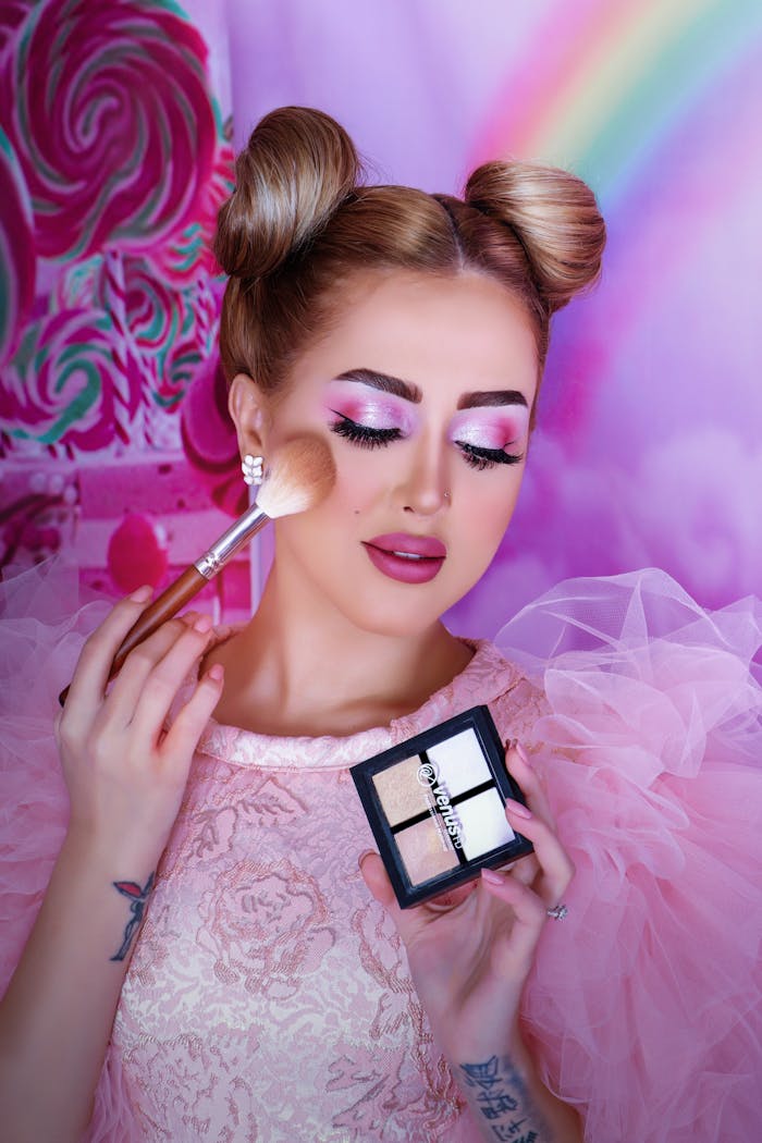 hero-img-02 Vibrant portrait of a woman applying makeup with a pink theme and elegant hairstyle.