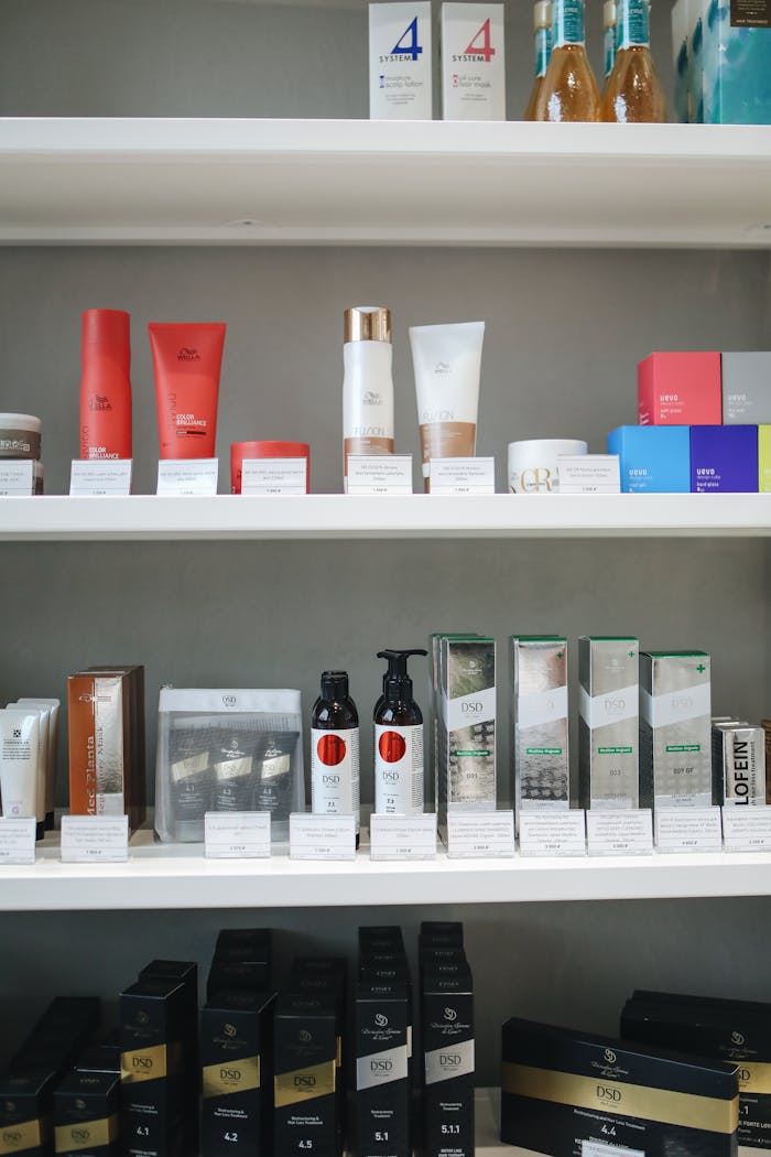 why-choose-us Wide selection of skincare products and cosmetics displayed on store shelves.